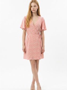 Light Pink Floral Wrap Dress with Tie Waist
